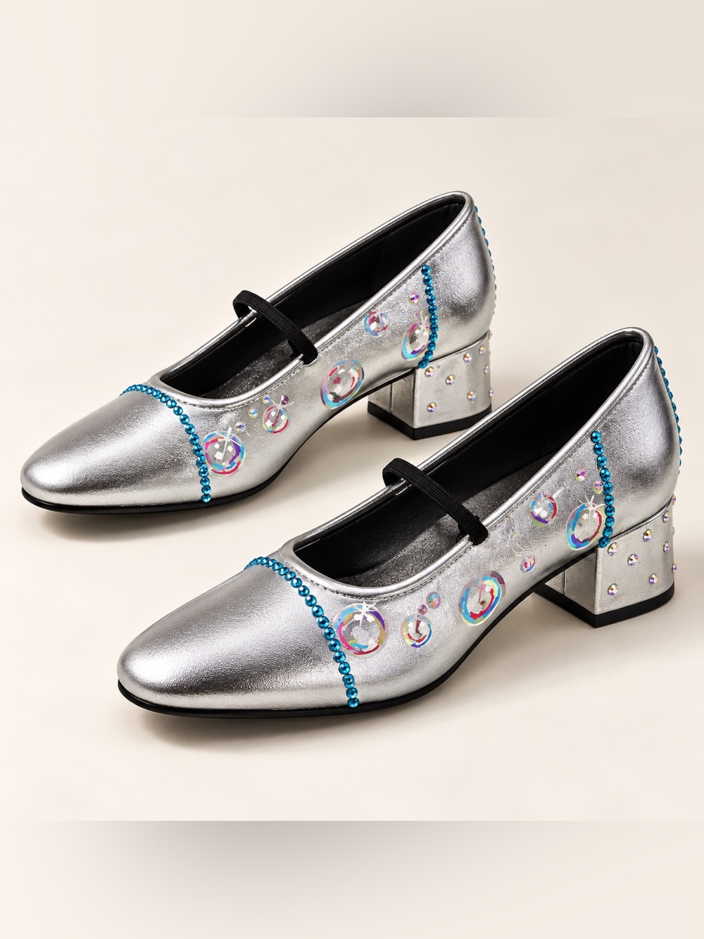 Seychelles Dusk to Dawn Silver Mary Jane Heels 8.5 | Hand Painted Bubbles